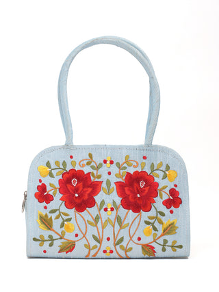 Powder Blue Handbag with Bold Red Floral Embroidery