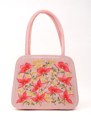 Baby Pink Handbag with Red & Yellow Floral Embroidery