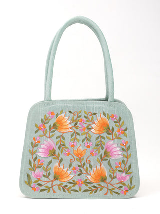 Mint Green Handbag with Orange and Lavender Blooms