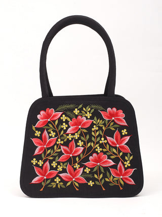Black Handbag with Red & Yellow Floral Vine Embroidery