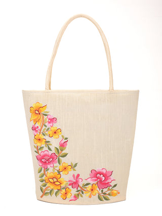 Ivory Art Dupion Silk Tote Bag with Parsi Floral Embroidery