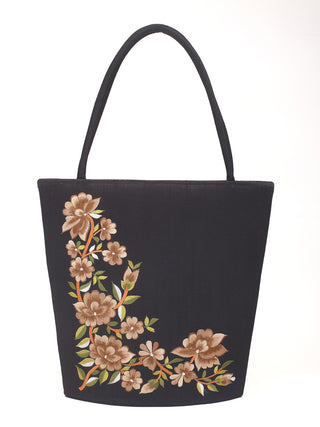 Deep Black Art Dupion Silk Tote Bag with Earth-Tone Parsi Embroidery