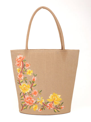 Sand Beige Art Dupion Silk Tote Bag with Parsi Floral Embroidery