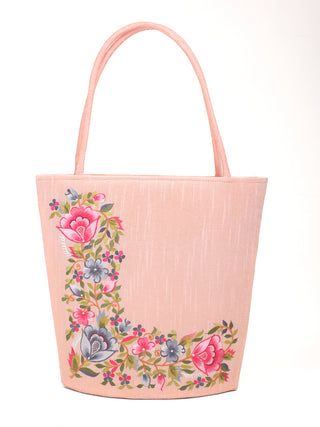 Peach Art Dupion Silk Tote Bag with Parsi Floral Embroidery