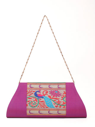 Magenta Paithani Clutch with Traditional Peacock Motif