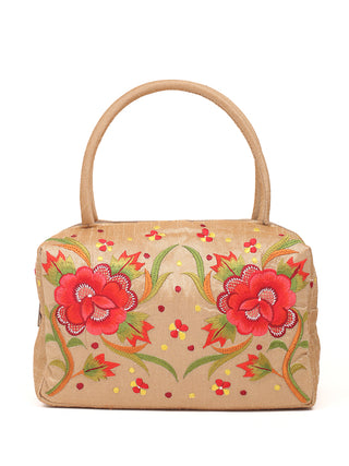 Camel Beige Art Dupion Silk Hand Bag with Parsi Embroidery