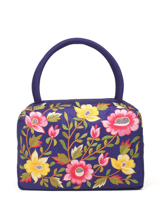 Royal Blue Art Dupion Silk Hand Bag with Parsi Embroidery