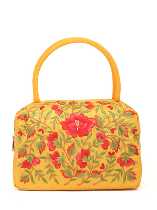 Mustard Yellow Art Dupion Silk Hand Bag with Parsi Embroidery