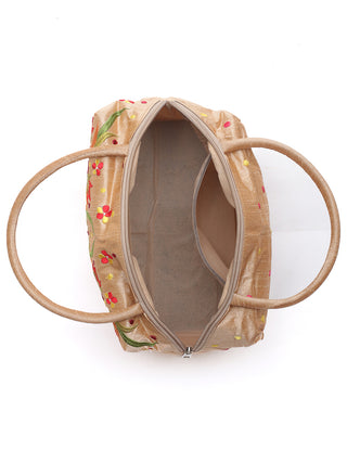 Camel Beige Art Dupion Silk Hand Bag with Parsi Embroidery