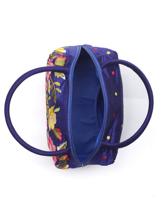 Royal Blue Art Dupion Silk Hand Bag with Parsi Embroidery