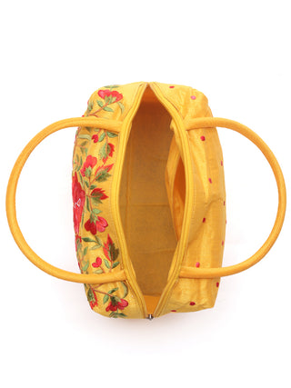 Mustard Yellow Art Dupion Silk Hand Bag with Parsi Embroidery