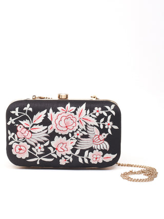 Black Box Clutch with White & Red Bird Embroidery