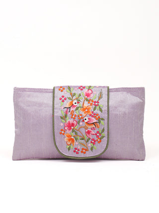 Lavender Parsi Embroidered Art Dupion Silk Flat Purse