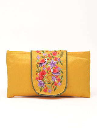 Mustard Parsi Embroidered Art Dupion Silk Flat Purse