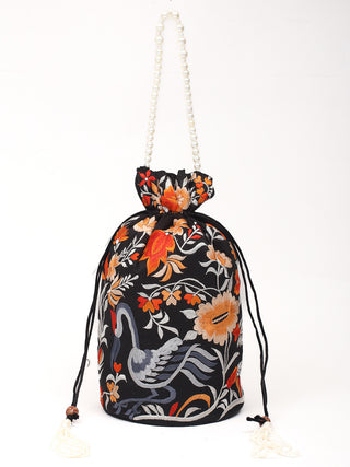 Black Floral Parsi Embroidered Art Dupion Silk Batua