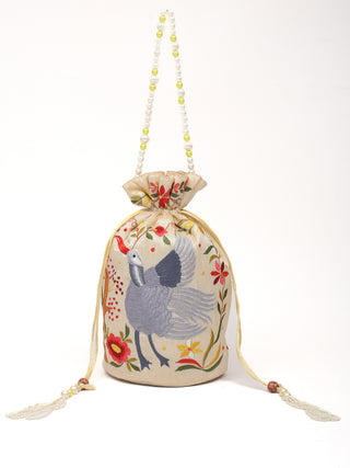 Ivory Parsi Bird Motif Art Dupion Silk Batua