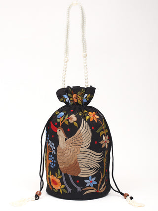 Black Multicolour Bird Motif Parsi Embroidered Batua