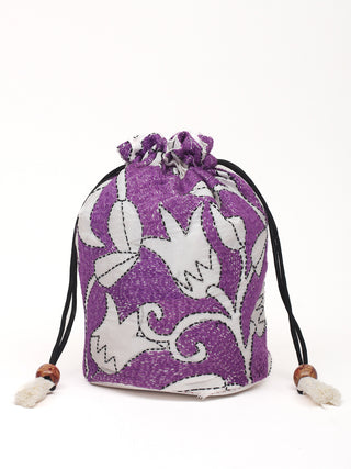 Purple Kantha Embroidered Pure Silk Potli
