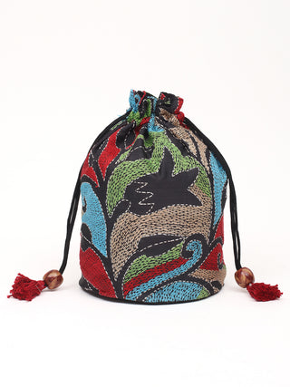 Black Multicolour Kantha Embroidered Pure Silk Potli