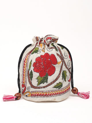 Ivory Floral Kantha Embroidered Pure Silk Potli