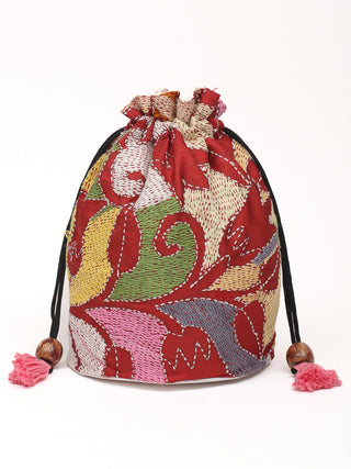 Deep Red Multicolour Kantha Embroidered Pure Silk Potli