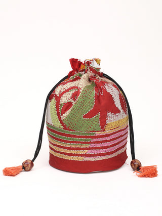 Maroon Contemporary Kantha Embroidered Pure Silk Potli
