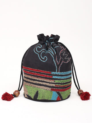 Black Multicolour Kantha Embroidered Pure Silk Potli