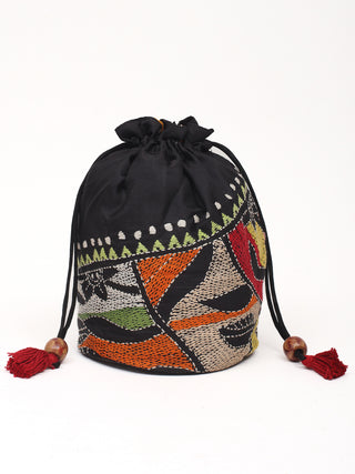 Black Floral-Geometric Kantha Embroidered Pure Silk Potli