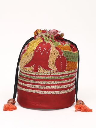 Maroon Striped Kantha Embroidered Pure Silk Potli