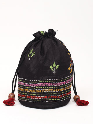 Black Striped Kantha Embroidered Pure Silk Potli