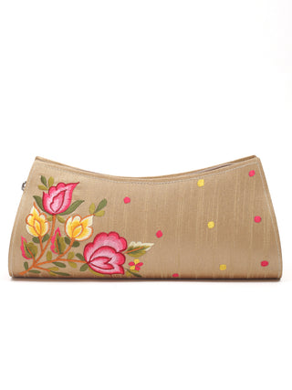 Beige Clutch with Pink-Yellow Rose Motifs