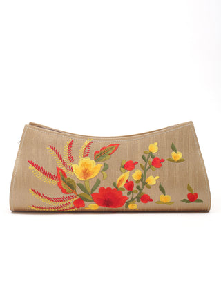 Beige Clutch with Red-Yellow Floral Bouquet