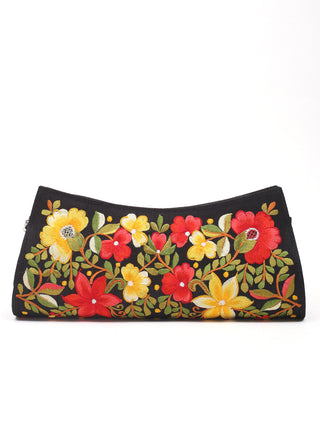 Black Clutch with Multicolour Garden Embroidery