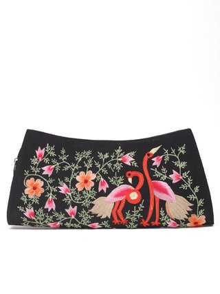 Black Clutch with Flamingo Birds and Floral Embroidery