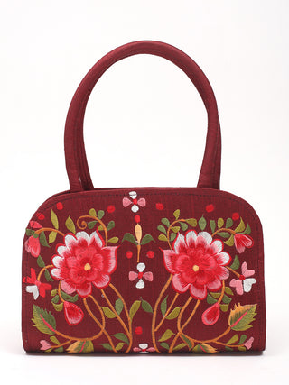 Wine Red Floral Embroidered Handbag in Art Silk