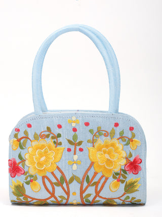 Powder Blue Handbag with Yellow & Red Floral Parsi Embroidery