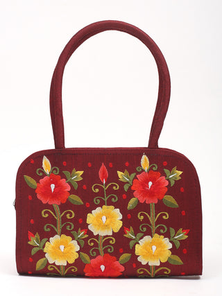 Maroon Handbag with Bright Floral Embroidery