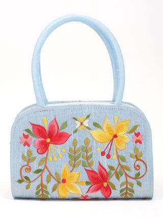 Soft Blue Handbag with Yellow & Red Asymmetric Floral Embroidery