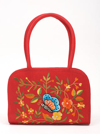 Red Art Silk Handbag with Blue Butterfly & Floral Embroidery