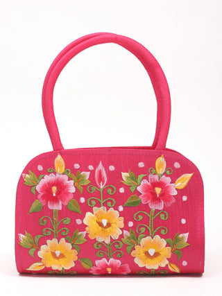 Rani Pink Embroidered Handbag in Floral Grid Pattern
