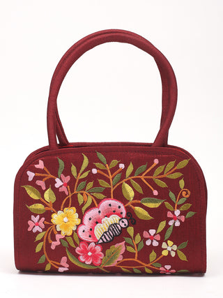 Maroon Embroidered Handbag with Butterfly & Blooms