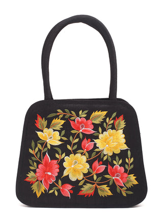 Black Handbag with Yellow and Coral Bloom Embroidery
