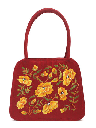 Maroon Handbag with Golden Yellow Floral Embroidery