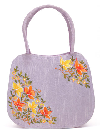 Lilac Dupion Silk Handbag with Yellow & Orange Floral Embroidery