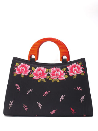 Black Hand Bag with Pink Lotus Embroidery