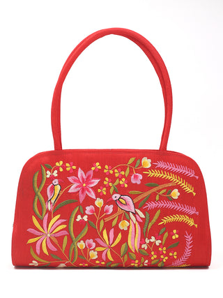 Red Handbag with Bird & Floral Embroidery