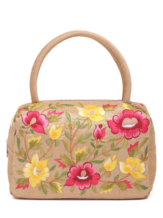 Golden Beige Art Dupion Silk Hand Bag with Parsi Embroidery