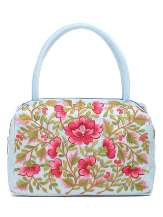 Aqua Blue Art Dupion Silk Hand Bag with Parsi Embroidery