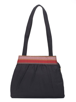 Classic Black Khun Shoulder Bag with Monochrome Woven Borders