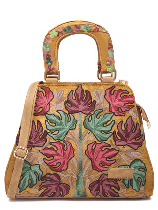 Mustard Yellow Leather Hand Bag with Kashmiri Crewel Aari Embroidery